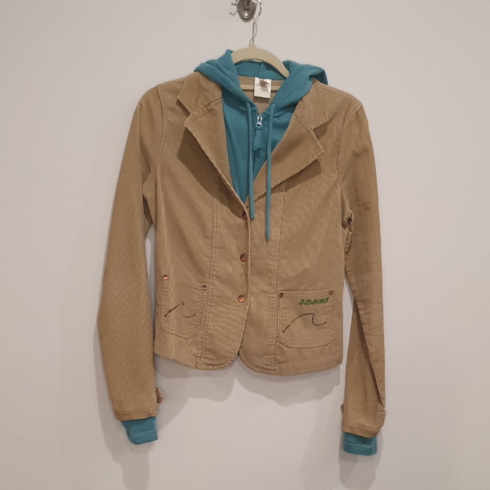 Billabong 90s Y2k Vintage Tan Corduroy Jacket with Teal Hoodie Lining Size Med